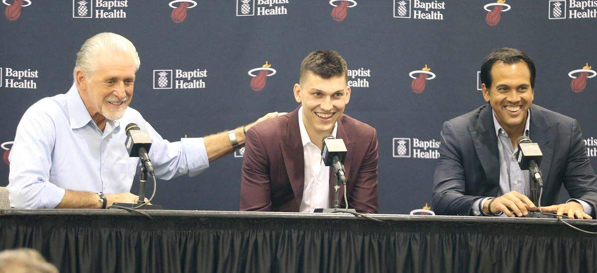 Miami Heat’s first round 2019 NBA Draft pick Tyler Herro with Miami Heat President Pat Riley and coach Erik Spoelstra at Herro’s introductory press conference at the AmericanAirlines Arena in Miami, Florida, Friday, June, 21, 2019.