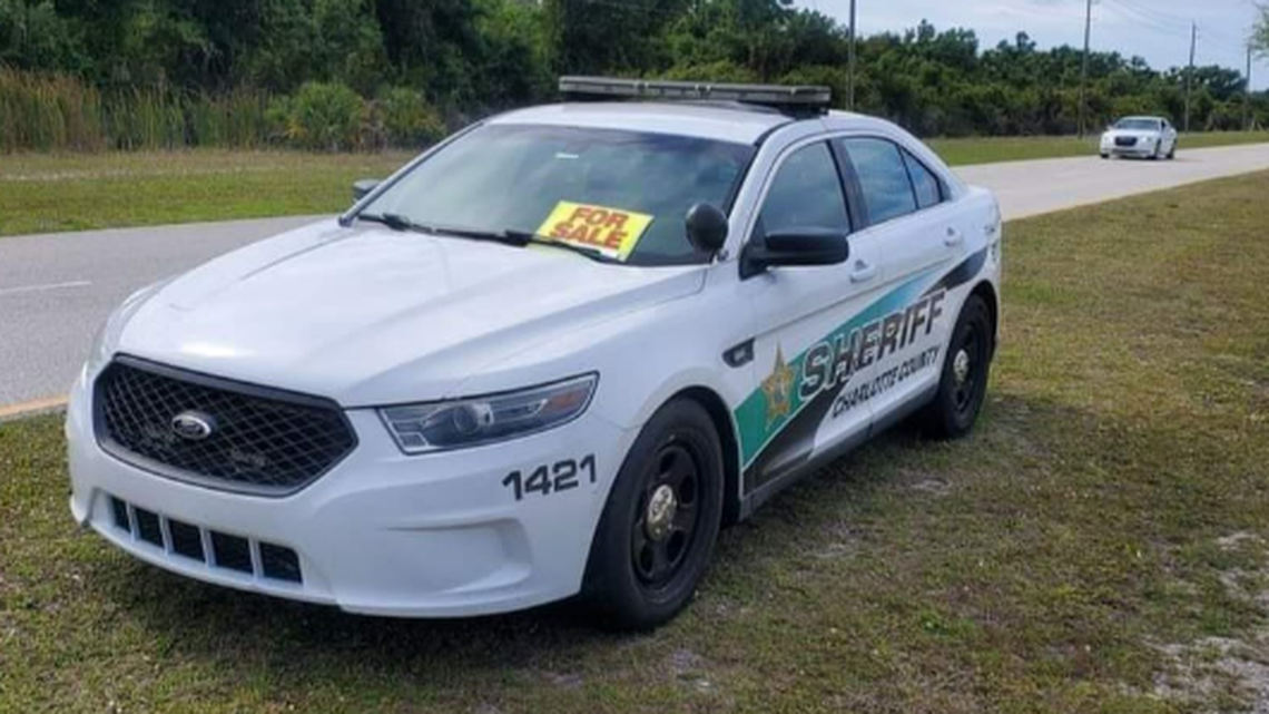 This Charlotte County Sheriff’s Office patrol car was placed in a median to slow traffic down. Someone decided to put a “For Sale” sign on it as a joke.