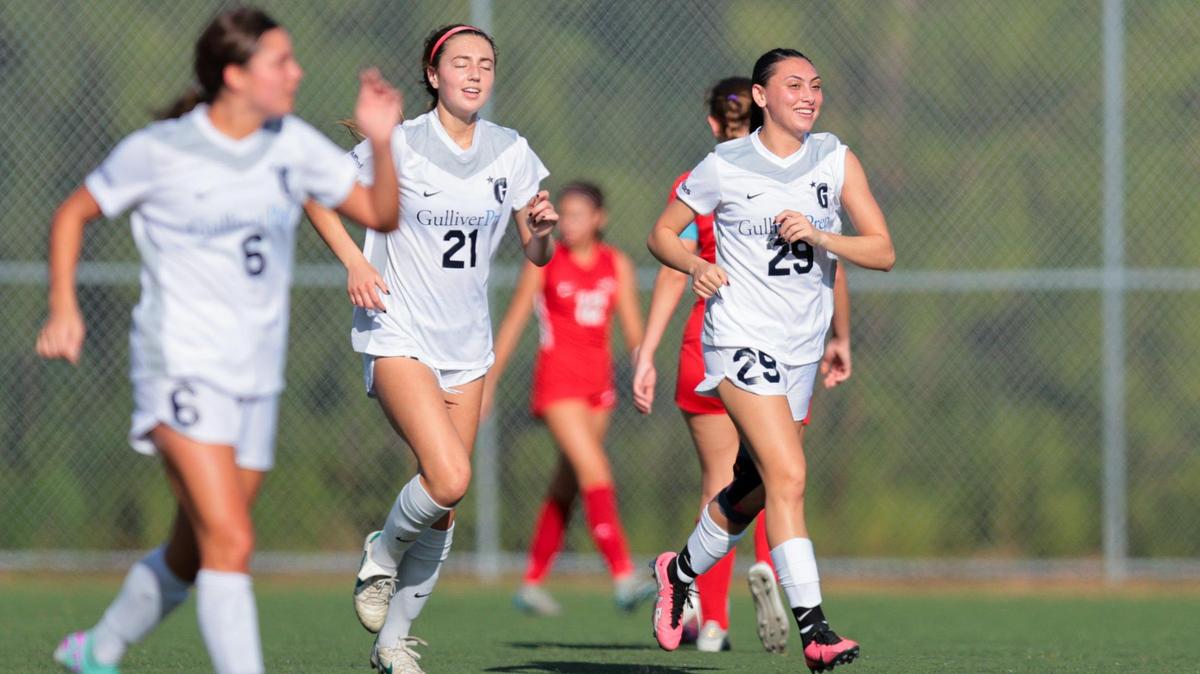 Gulliver Prep Samantha Ehrenreich (29) reacts after scoring against the MAST Academy during the first half of a girls soccer playoff game at MAST Academy in Miami, Florida, Tuesday, February 11, 2025.