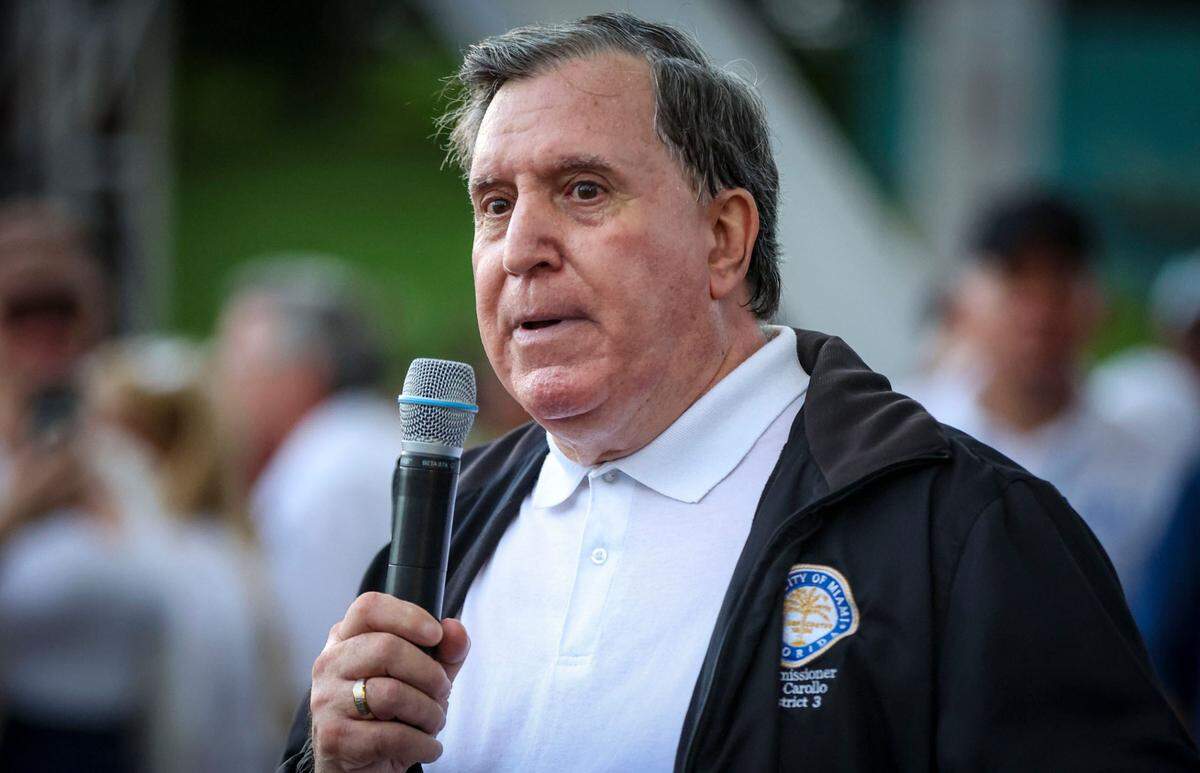 Miami City Commissioner Joe Carollo speaks during a rally at the FPL Solar Amphitheater Auditorium in downtown Miami on Aug. 17, 2024.