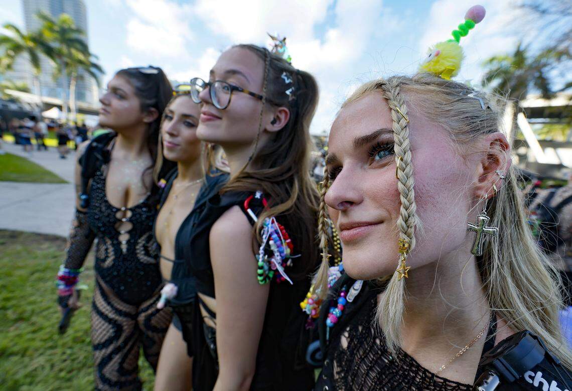 Lainey Diodato, at right,  takes in the scene with frineds at Ultra Music Festival in Miami, Florida, on Friday, March 27, 2026.