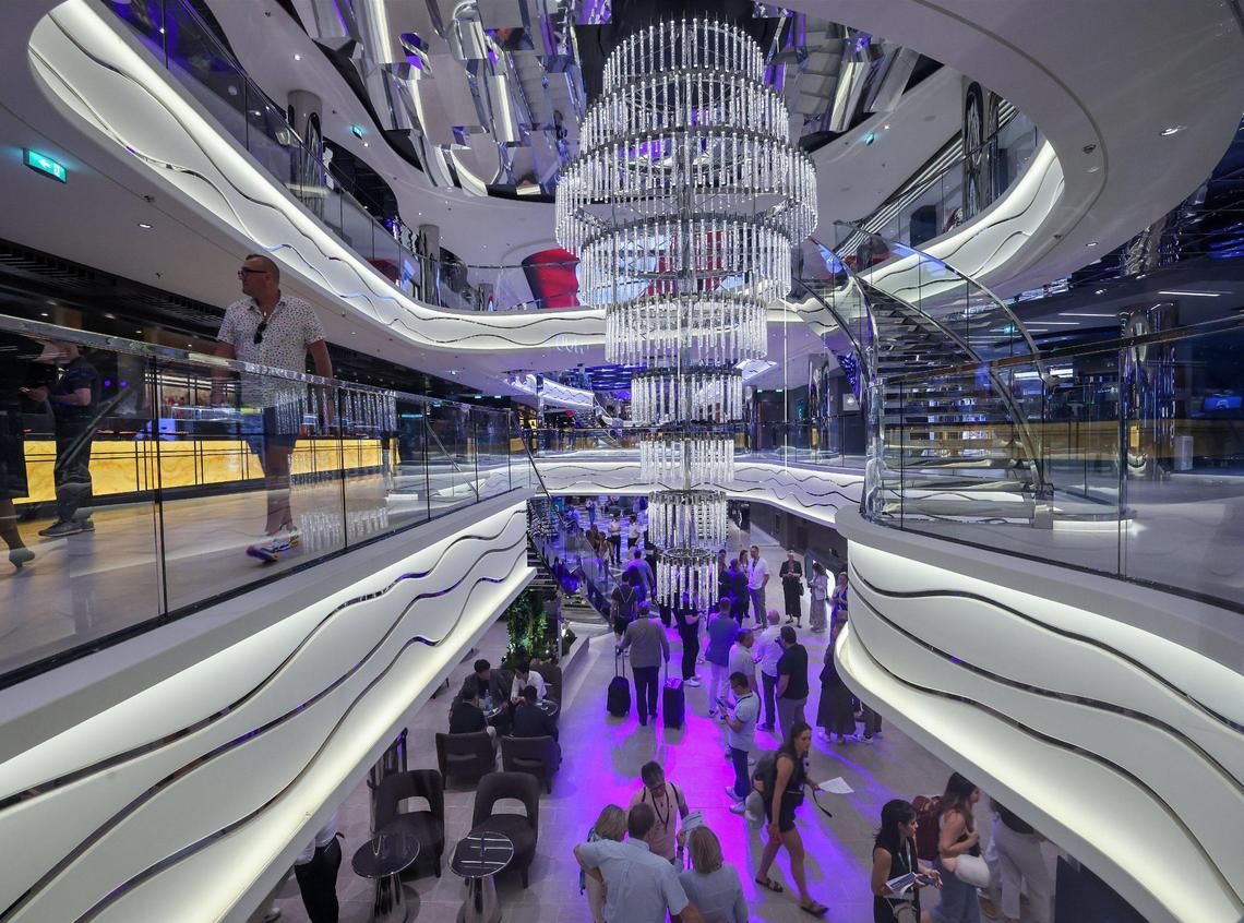 A signature chandelier graces the Galleria from the ninth level of the MSC World America.