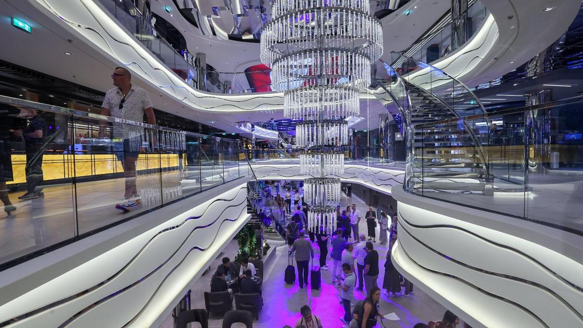 A signature chandelier graces the Galleria from the ninth level of the MSC World America.