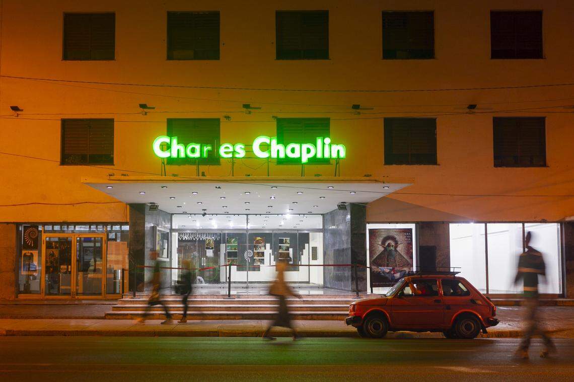 The neon sign of the Charles Chaplin movie theater, which sits on Avenida 23, was restored by Kadir Lopez Nieves.