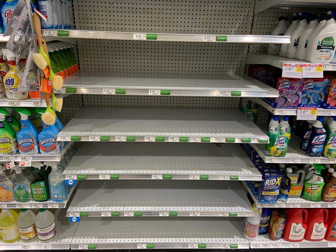 Shelves of Lysol wipes were sold out at a Publix by Dadeland March, 3, 2020. Shoppers are preparing for a possible coronavirus outbreak.