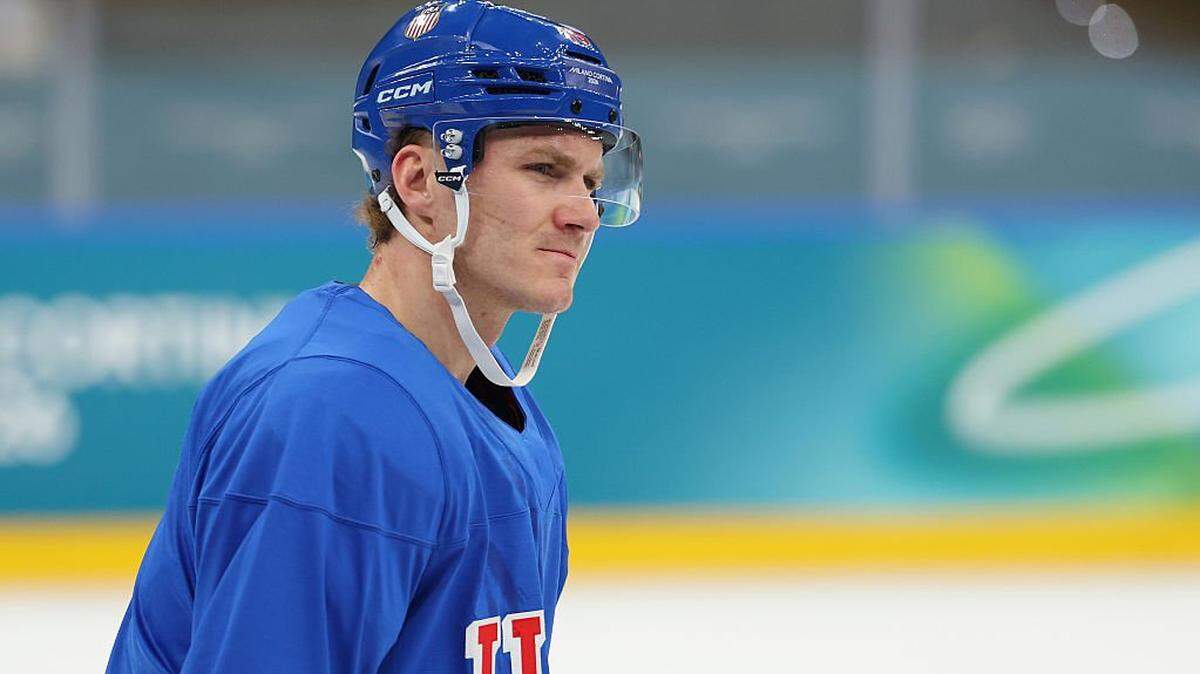 MILAN, ITALY - FEBRUARY 08: Matthew Tkachuk #19 of Team United States takes part during training on day two of the Milano Cortina 2026 Winter Olympic games at Milano Santagiulia Ice Hockey Arena on February 08, 2026 in Milan, Italy. (Photo by Gregory Shamus/Getty Images)