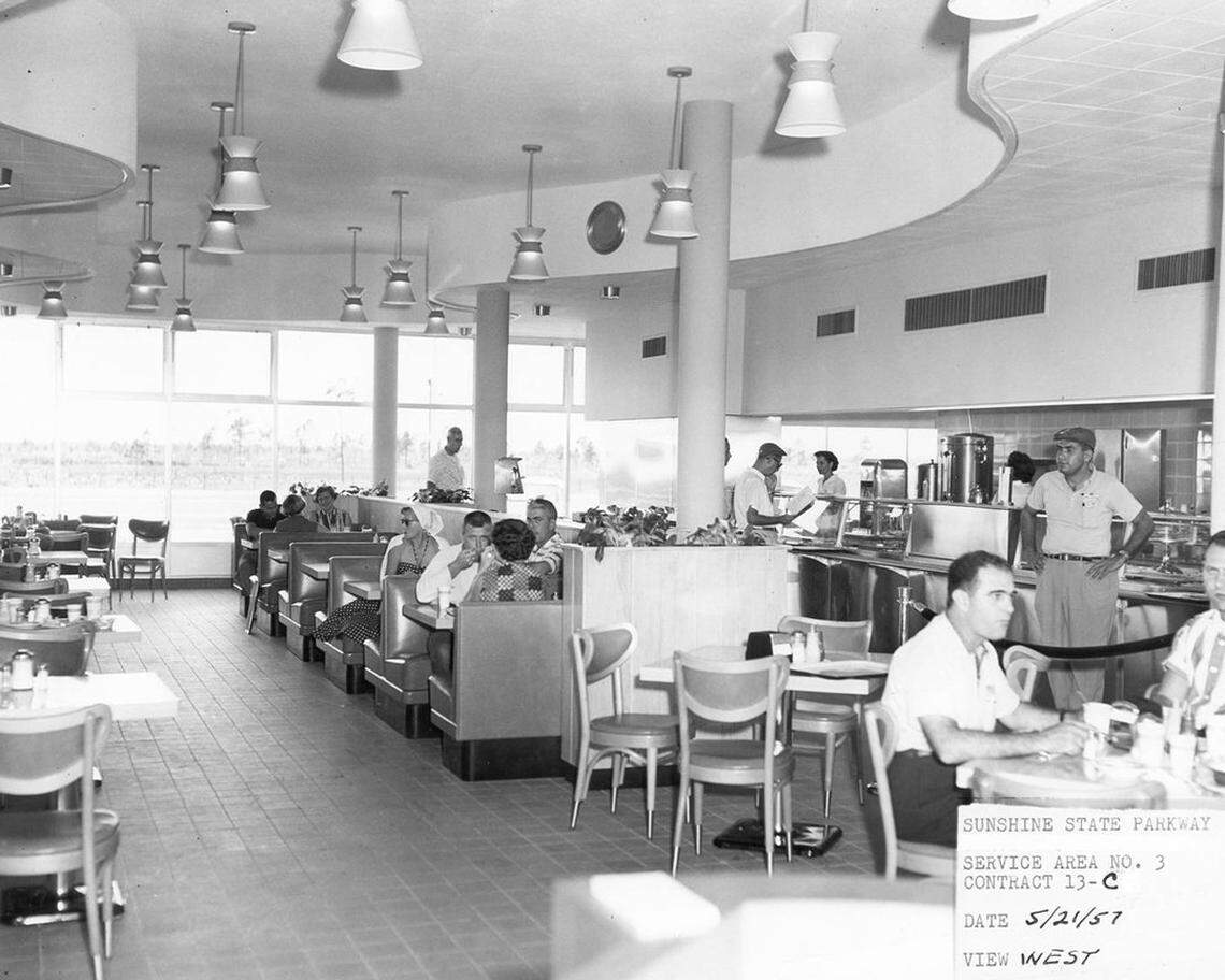 The inside of a turnpike plaza cafeteria in the 1950s.