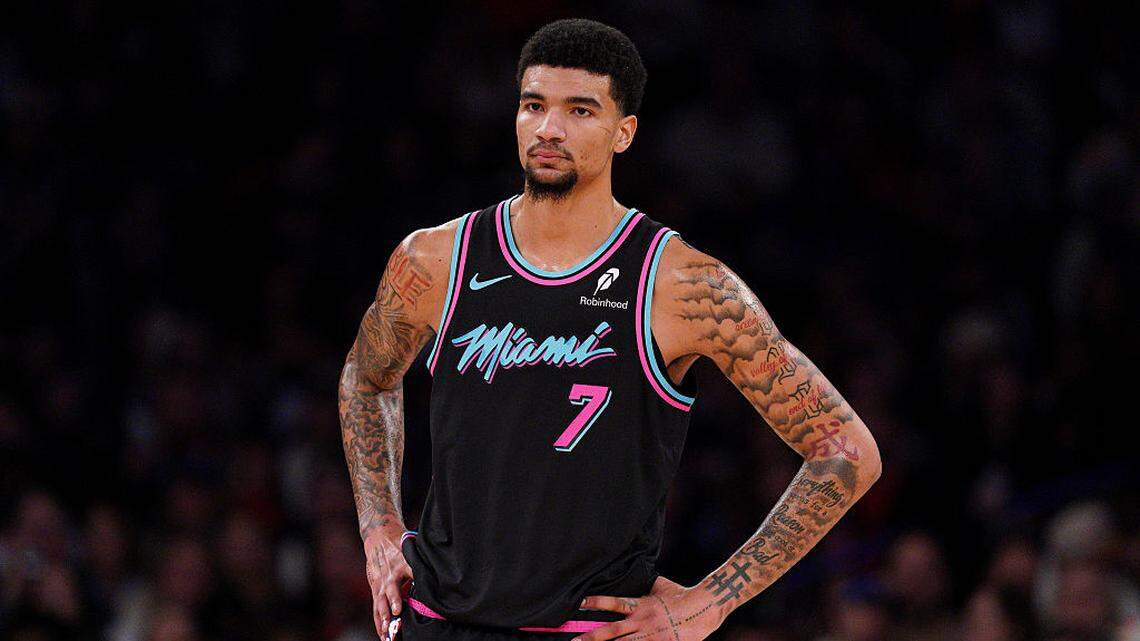 Kel'el Ware #7 of the Miami Heat looks on in the second half against the New York Knicks at Madison Square Garden on December 21, 2025 in New York City.