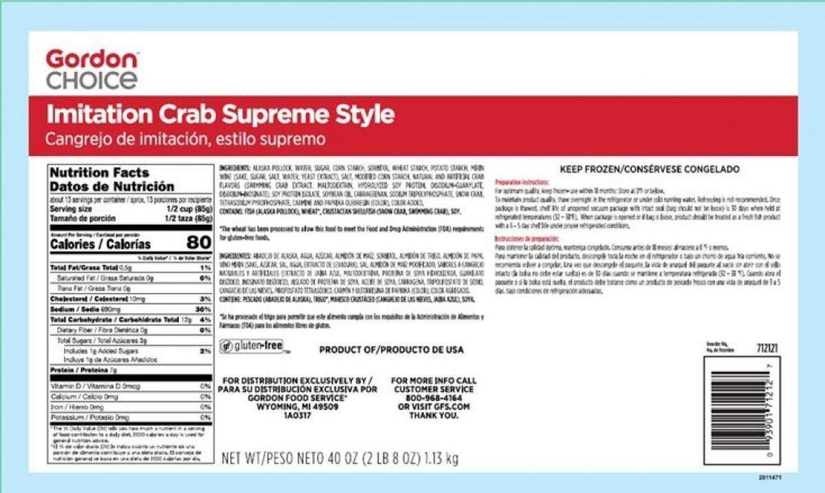 The rear label on Gordon Choice Imitation Crab Supreme Style