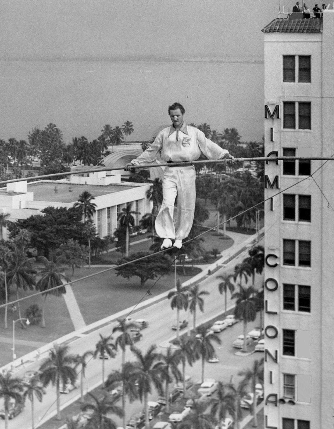 High-wire walked Heinrich Krause balances between Colonial and Everglades hotels in 1954.