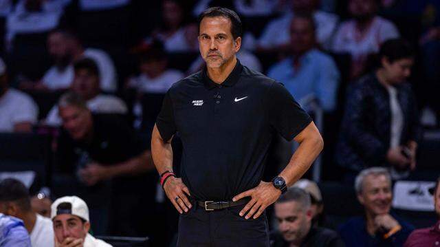 Miami Heat Head Coach Erik Spoelstra looks on from the sideline during the second half of Game 4 of the Eastern Conference NBA Playoffs against the Cleveland Cavaliers at Kaseya Center on April 28, 2025, in Miami.
