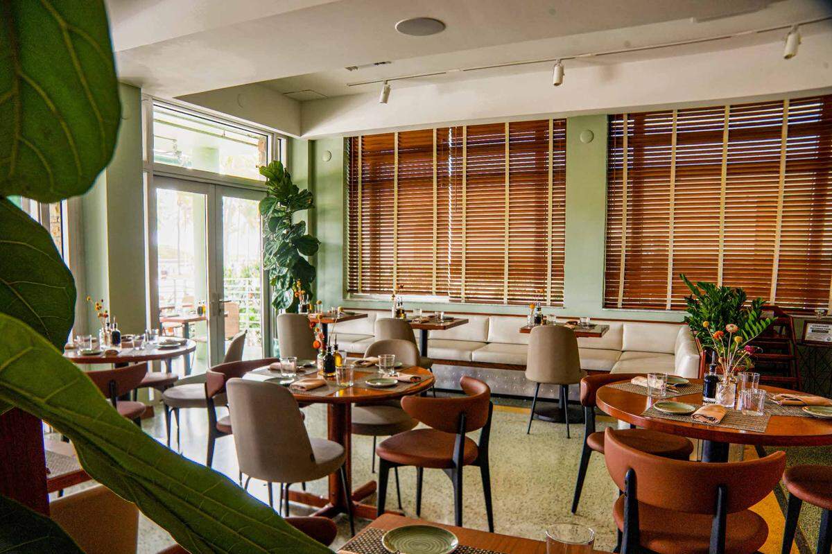Inside the Pelican Café at the Pelican Hotel on Miami Beach.