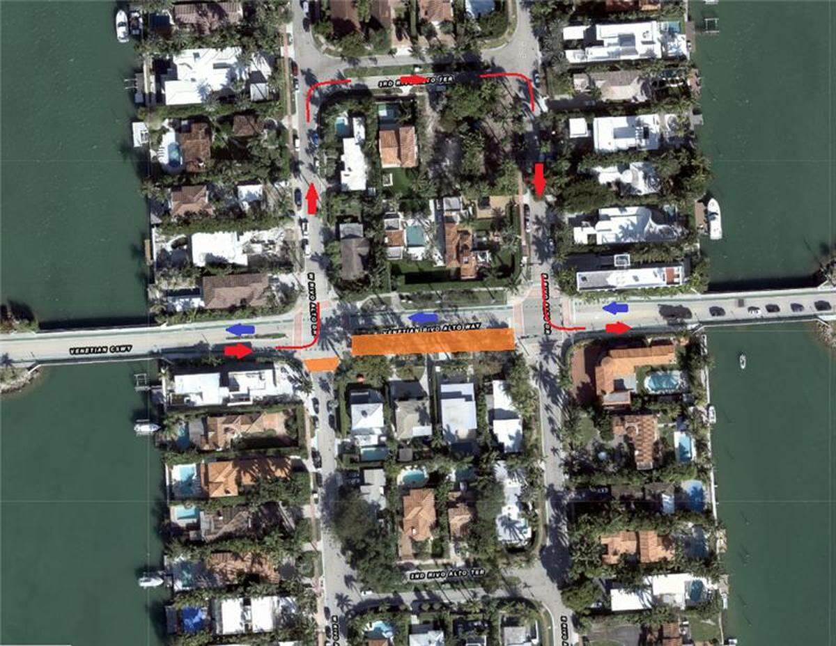 This photo shows traffic changes on Rivo Alto Island during the first phase of the Venetian Causeway Water and Sewer Main Replacement project. The orange markings indicate the locations of lane closures while blue and red arrows indicate traffic flow.
