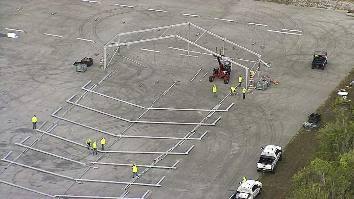 Ochopee, Fla., June 22, 2025 - Heavy duty tents begin to be erected at the site of the soon-to-be “Alligator Alcatraz.” The structures resemble the large tents used during the COVID-19 pandemic by the Florida Division of Emergency Management for drive-thru testing.