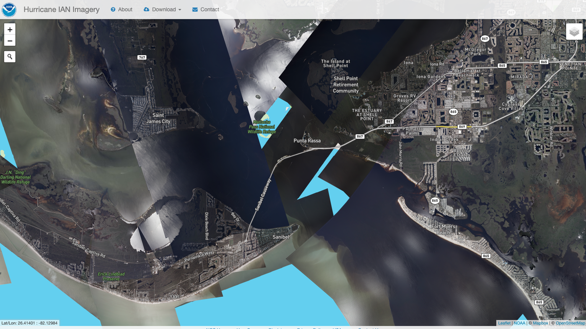 A screenshot of the NOAA satellite image showing the damage to the coastal communities in Southwest Florida, including Fort Myers Beach, Pine Island and Sanibel and Captiva.