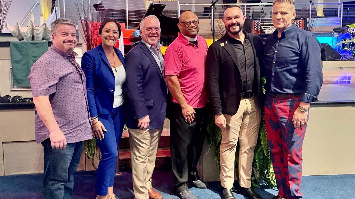 Together, these philanthropists and champions for unhoused LGBTQ+ youth created a new safe haven called The Sunshine Pride House. They are, from left, Michael Kalb, Christine Frederick, David Jobin, Robert Griffin, Tony Lima, and Terry Merlin.