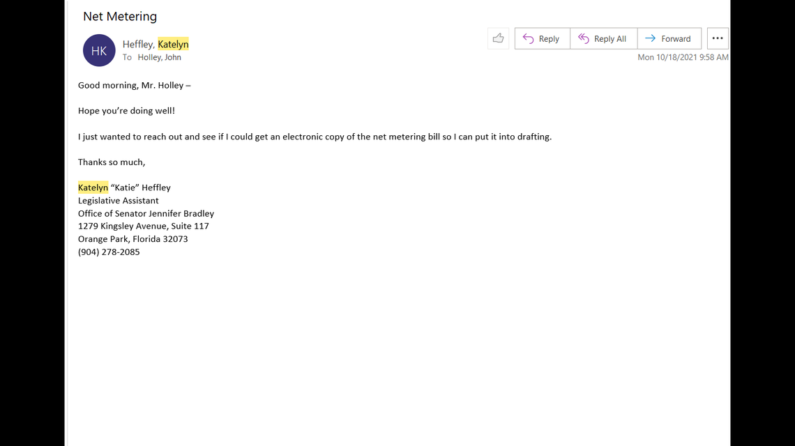A staffer in Sen. Jennifer Bradley’s office asked FPL for an electronic copy of the bill the company drafted.