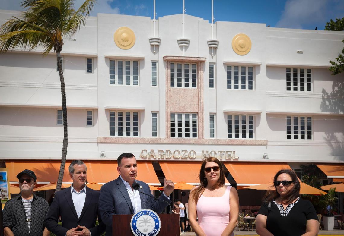 Miami Beach Commissioner Alex Fernandez, center, speaks against proposed changes to Florida’s controversial Live Local Act, which he and other city leaders say could open the door to destroying the famed Art Deco district.