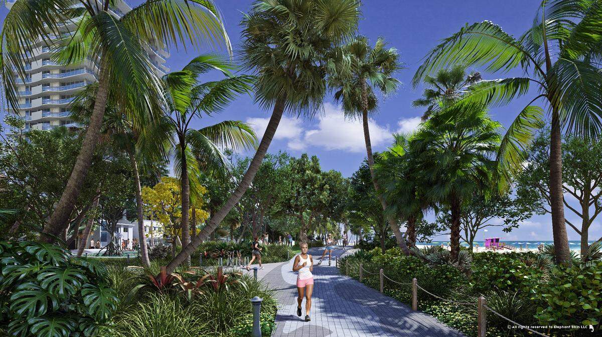 A rendering of the proposed streetscape plan shows the inclusion of Miami’s beachfront walkway which spans from South Beach to North Beach. Colin Brown of the architectural firm Raymond Jungles, Inc. said the plan includes adding more native vegetation around Ocean Terrace, in addition to greater dune visibility.