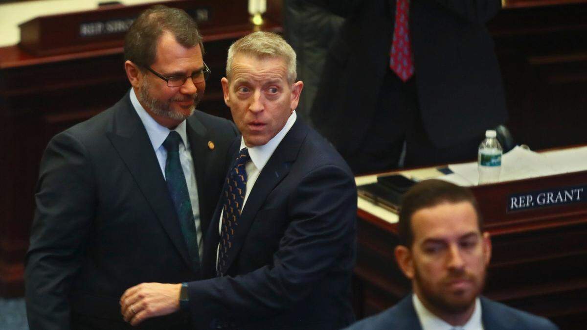 Rep. Tom Leek, R-Ormond Beach, is congratulated by House Speaker Paul Renner, R-Palm Coast, after Leek’s SB 2-A Property Insurance bill passed 84-33 on Wednesday, Dec. 14, 2022, in the House of Representatives in Tallahassee, Fla.