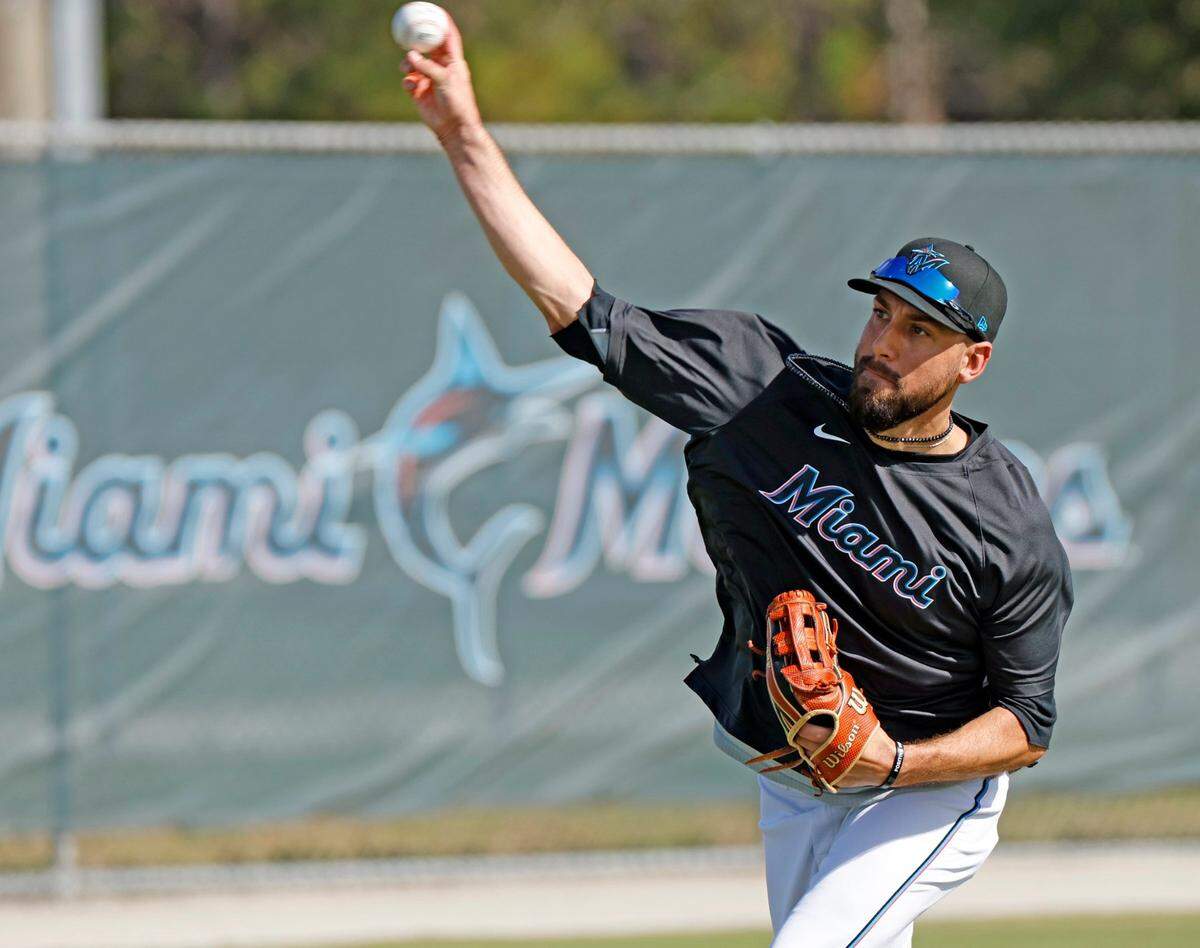 Miami Marlins pitcher Matt Barnes throws at Roger Dean Chevrolet Stadium in Jupiter, Florida on Thursday, February 16, 2023.