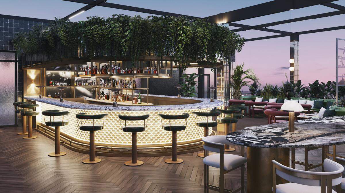 La zona lounge de la azotea de Giselle, que se muestra en esta representación, tendrá un techo retráctil.