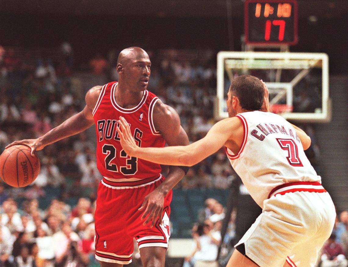 FILE PHOTO- Michael Jordan guard by Rex Chapman in the 1st quarter at the 3rd game of the NBA playoffs in the Miami Arena. This was not the game where the undermanned Heat squad beat the Bulls.