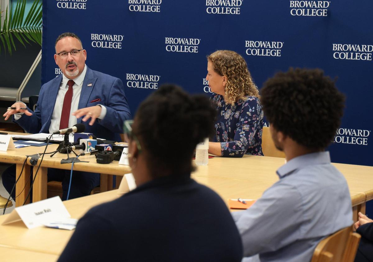 U.S. Education Secretary Miguel Cardona, left, and Rep. Debbie Wasserman Schultz participate in a conversation with Broward College students about the educational opportunities, workforce training, and support services offered through Broward UP on Monday, April 4, 2022. Broward College was recently awarded a $30 million grant under the Promise Neighborhoods program, which supports the educational and developmental outcomes of youth and helps improve economic mobility in communities.