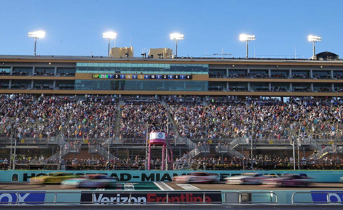 Cars are blurred as the cross the start/finish line during the Dixie Vodka 400. On Sunday, October 23, 2022 the NASCAR Cup Series Round of 8 continued with the Dixie Vodka 400, a NASCAR Cup Series race at Homestead–Miami Speedway in Homestead, Florida.