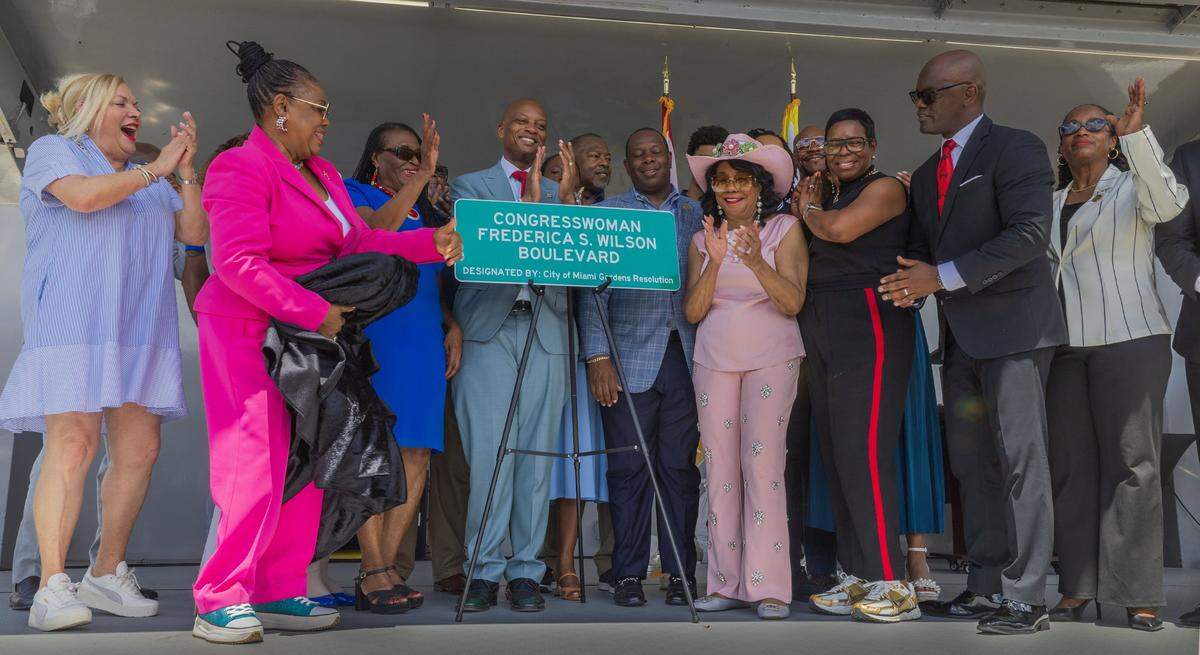 A group of dignitaries, family members and elected officials joined U.S. Rep. Frederica Wilson as she announced that she will not be seeking re-election in the midterm election, during a street naming event next to the Dr. Frederica S. Wilson/Skyway Elementary School in Miami Gardens, in recognition of her decades of service to South Florida, on Friday, May 29, 2026.