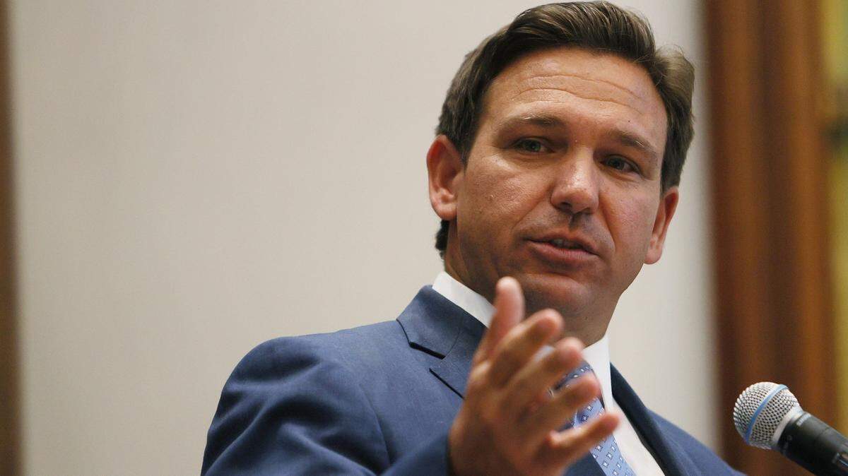 ORIGINAL CAPTION: Florida Gov. Ron DeSantis speaks during a press conference at the Shul of Bal Harbour on June 14, 2021 in Surfside, Florida.