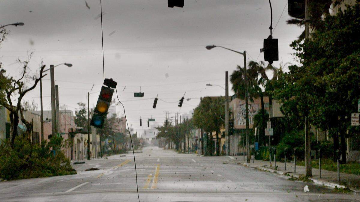 Downed traffic lights and debris line Northeast Second Avenue as Hurricane Wilma cut through Miami on Oct. 24, 2005
