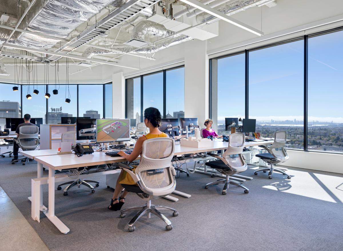 Architecture and engineering firm Gensler’s office in Oakland, Calif., shows how workstation seating has been staggered and separated in response to the coronavirus pandemic as employees return to work.