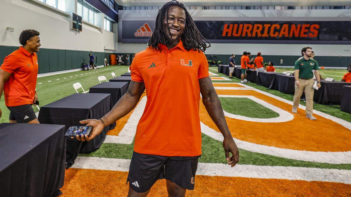 Miami Hurricanes linebacker Mohamed Toure reacts after interviews with reporters at the Carol Soffer Indoor Practice Facility in Coral Gables, Florida, on Wednesday, July 30, 2025.