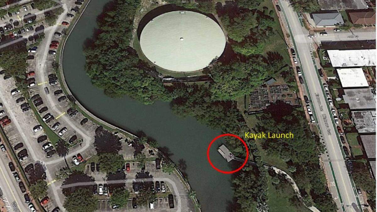 An aerial photo of the Parkview Island Park kayak launch in Miami Beach, which has been closed since March 2020 due to elevated bacteria levels in the canal.