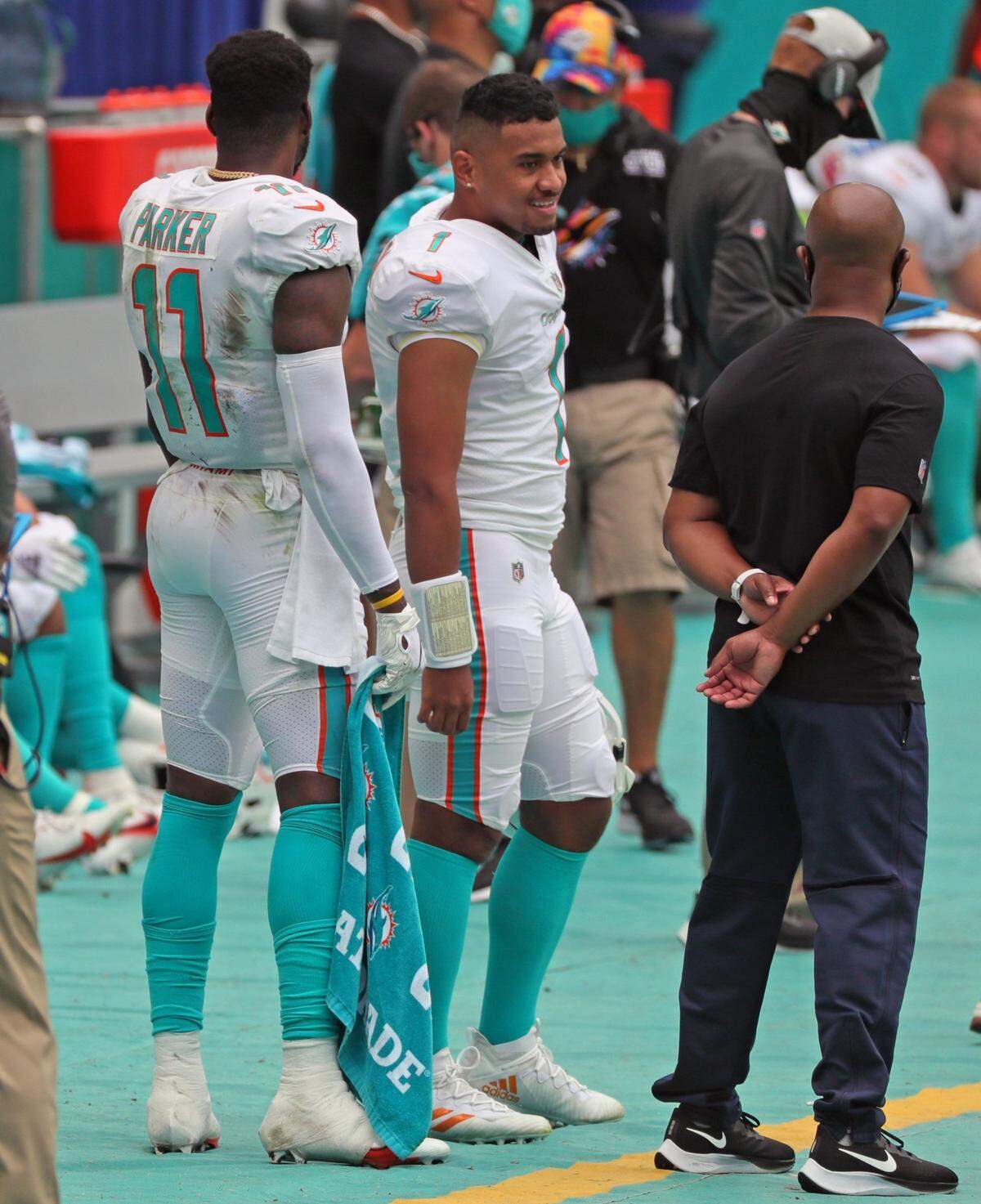 Miami Dolphins quarterback Tua Tagovailoa (1) on the sidelines during the game against the Seattle Seahawks at Hard Rock Stadium in Miami Gardens on Sunday, October 4, 2020.