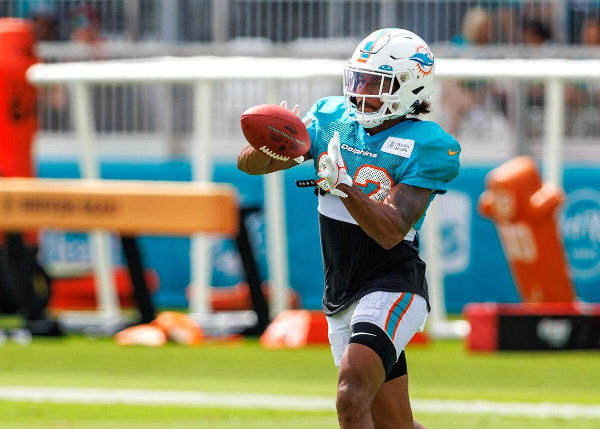 Miami Dolphins defensive back Elijah Campbell (22) participates in drill during NFL football training camp at Baptist Health Training Complex in Hard Rock Stadium on Thursday, August 3, 2023 in Miami Gardens, Florida.