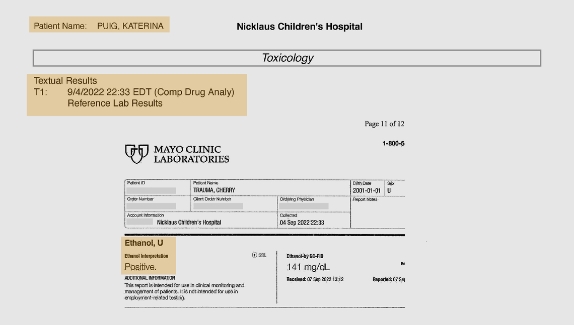 A toxicology test of Katerina ‘Katy’ Puig taken at Nicklaus Children’s Hospital four hours after the crash shows her blood alcohol limit was nearly twice the .08% legal limit for driving.