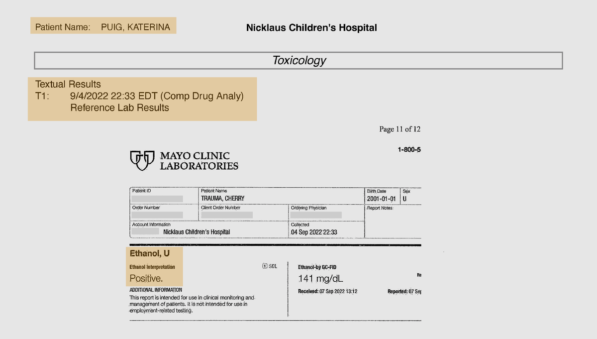 A toxicology test of Katerina ‘Katy’ Puig taken at Nicklaus Children’s Hospital four hours after the crash shows her blood alcohol limit was nearly twice the .08% legal limit for driving.