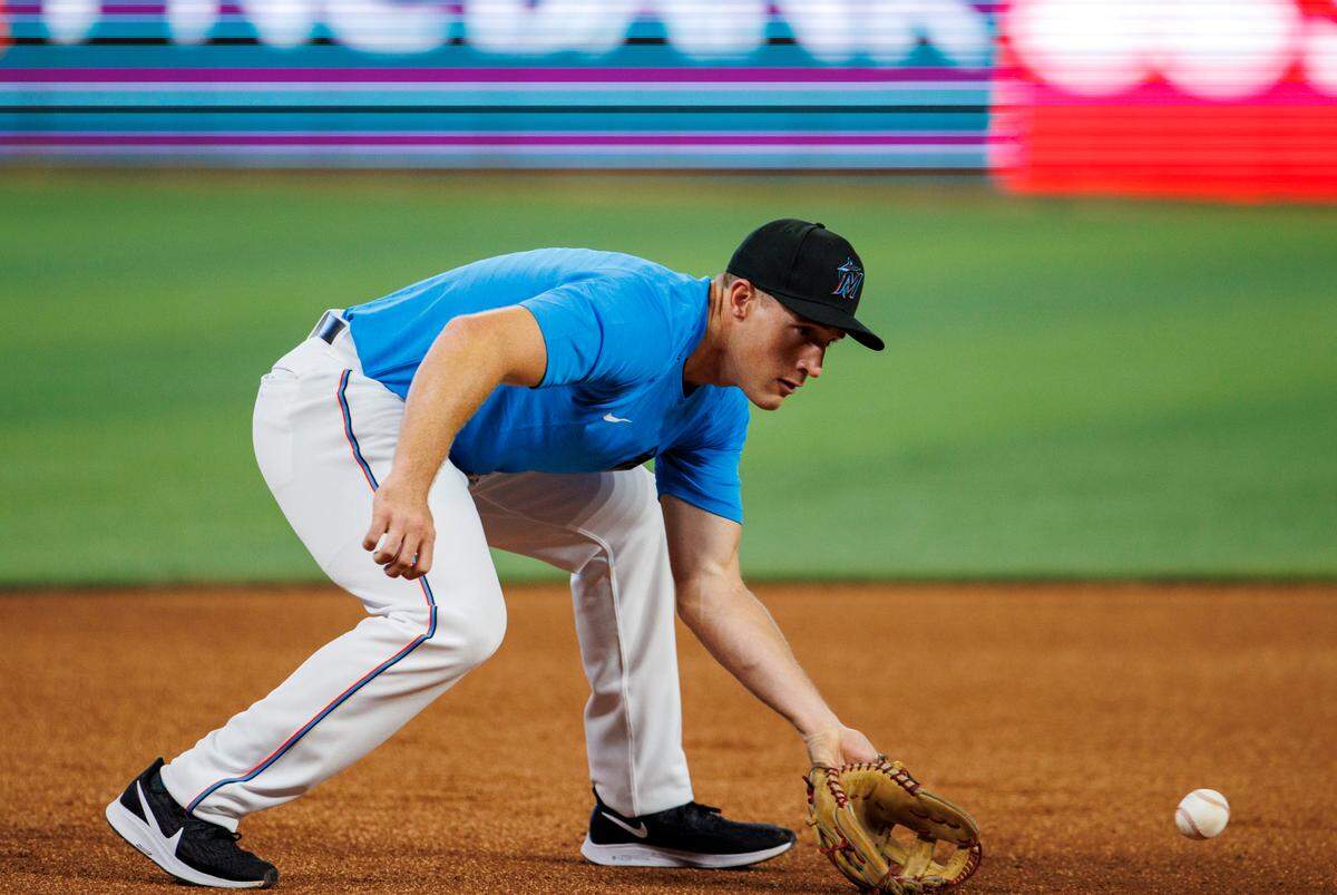 Miami Marlins 2022 first-round pick Jacob Berry during fielding practice before the start of a baseball game against the Texas Rangers at LoanDepot Park on Thursday, July 21, 2022 in Miami, Florida.