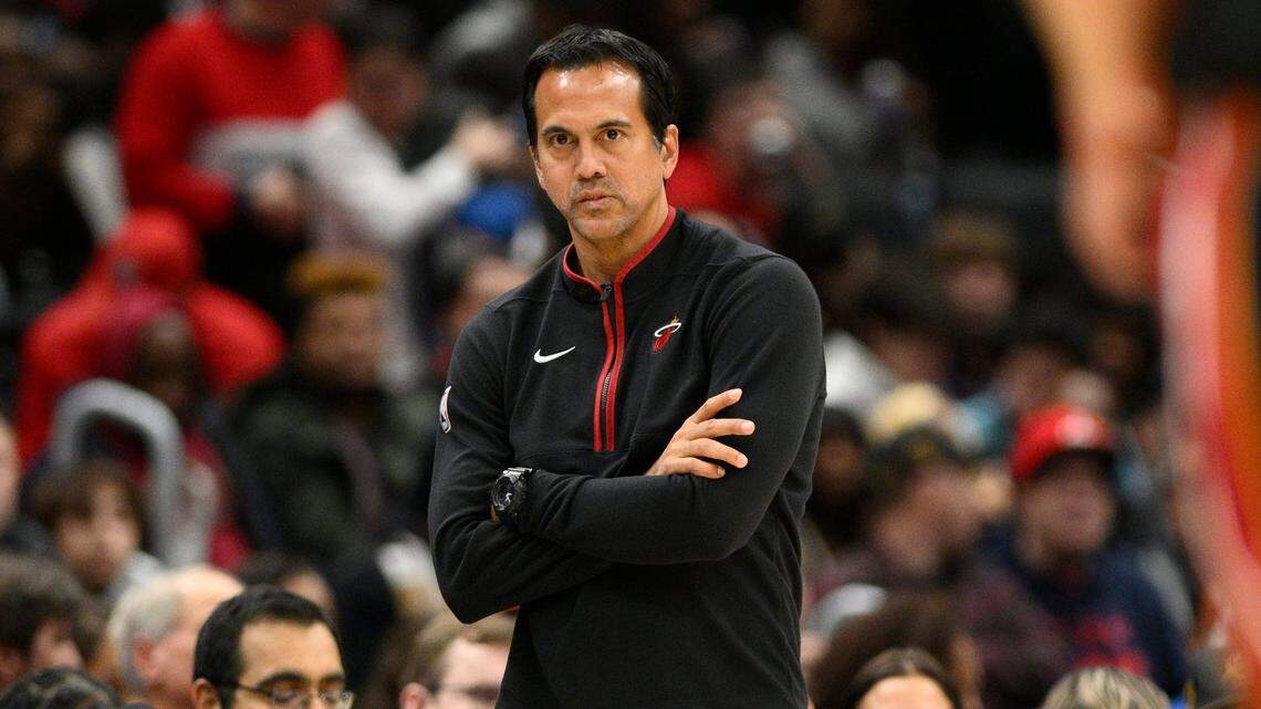 Miami Heat head coach Erik Spoelstra looks on during the first half of an NBA basketball game against the Washington Wizards, Friday, Nov. 18, 2022, in Washington.