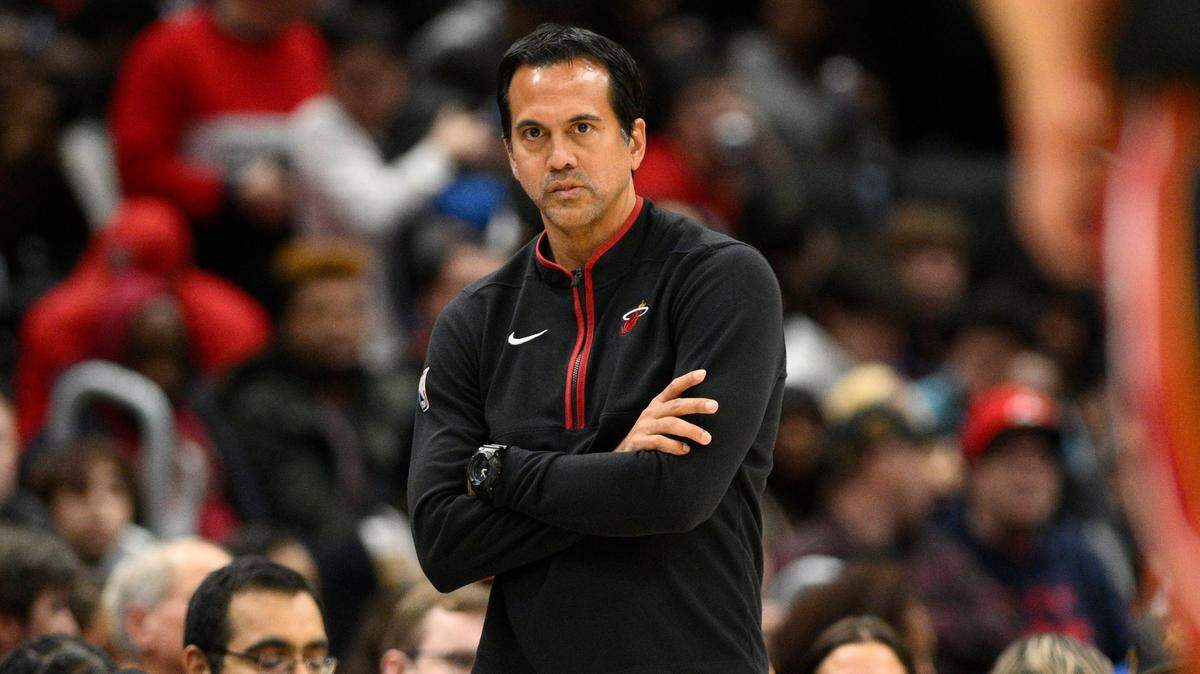 Miami Heat head coach Erik Spoelstra looks on during the first half of an NBA basketball game against the Washington Wizards, Friday, Nov. 18, 2022, in Washington.