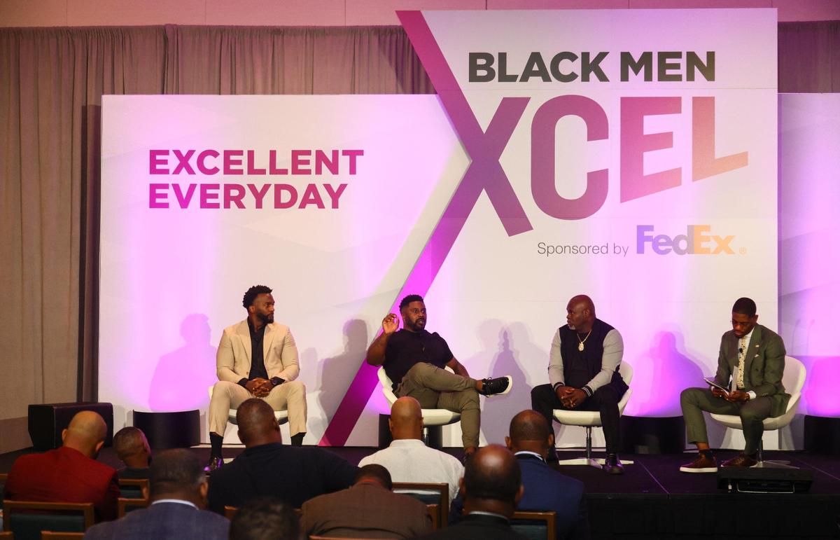 from left: Dr. Jeff Rocker of Rocker Community Health, Dr. Jay Barnett, mental health expert, David Mann, actor and comedian, participate in a panel with moderator Duclas Charles of Black Health Connect, during the Black Men XCEL Summit at the JW Marriott Miami Turnberry Resort & Spa in Aventura, Florida, on Thursday, November 7, 2024.