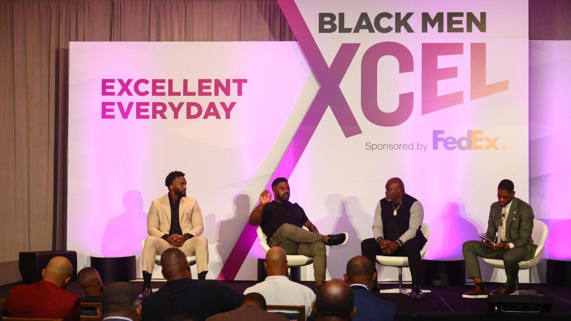 From left: Dr. Jeff Rocker of Rocker Community Health; Dr. Jay Barnett, mental health expert; and David Mann, an actor and comedian, participate in a panel with moderator Duclas Charles of Black Health Connect during the Black Men XCEL Summit at the JW Marriott Miami Turnberry Resort & Spa in Aventura, Florida, on Thursday, Nov. 7, 2024.