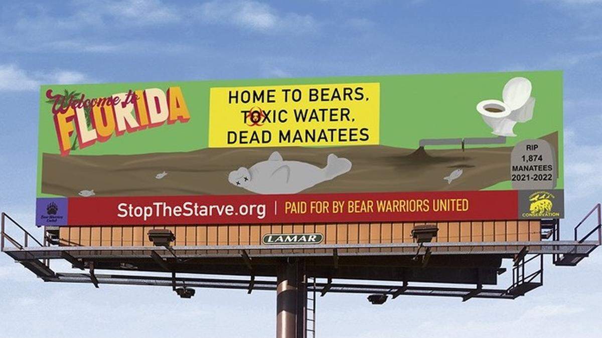 The billboard, one of two located on I-95 near the Treasure Coast, is part of environmental group Bear Warriors United’s campaign to inform Floridians about waste that is killing manatees in the state’s waterways.