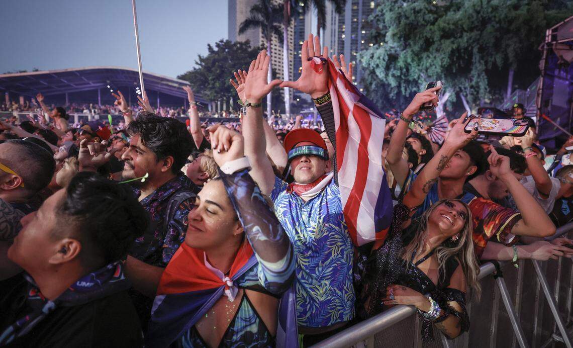 Rosy Sanchez and Addel Perez dance during the performance by Illenium on the Main Stage at Ultra Music Festival in Miami, Florida, on Friday, March 27, 2026.