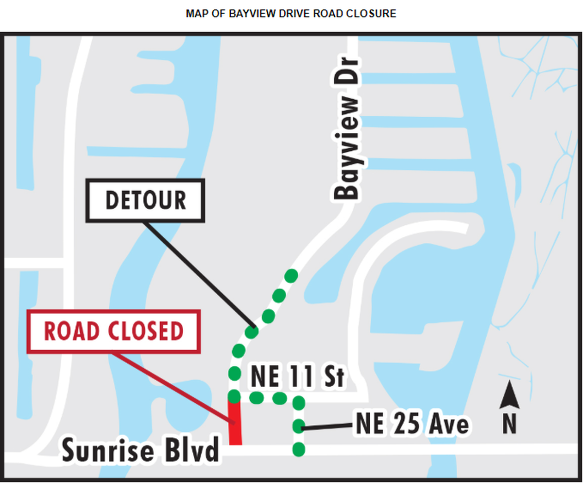 Police have shut down Bayview Drive in both directions from south of Northeast 11th Street to Sunrise Boulevard as crews work to clean up the sewage spill and make repairs to the busted pipe.