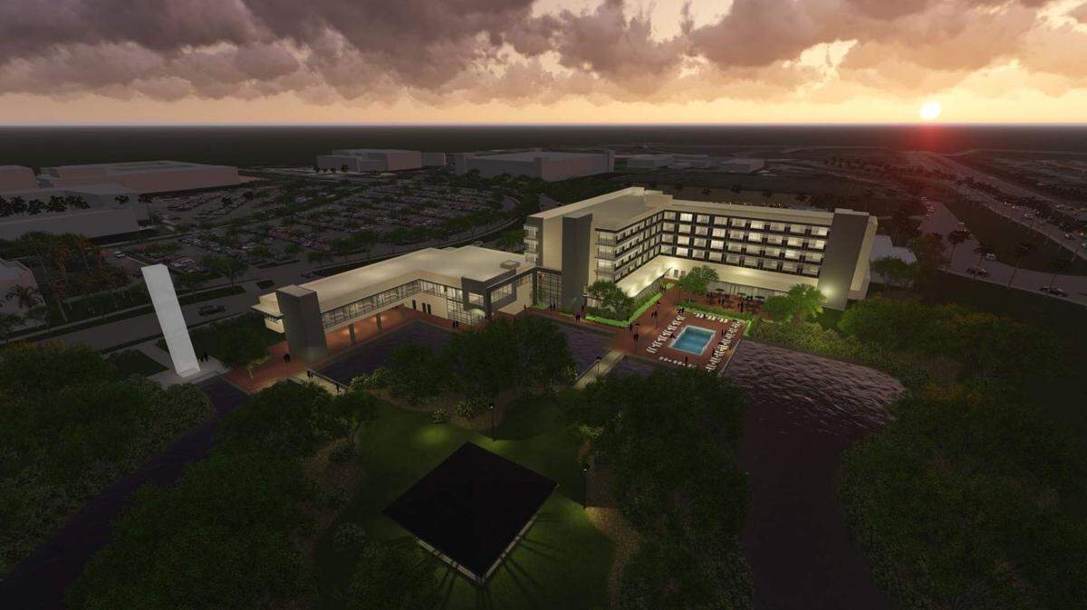 Architectural rendering of the FIU hotel, convention center and alumni center, due for completion in 2021.