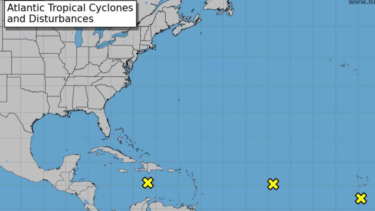 A National Hurricane Center map shows three systems forecasters are monitoring for possible tropical storm development.