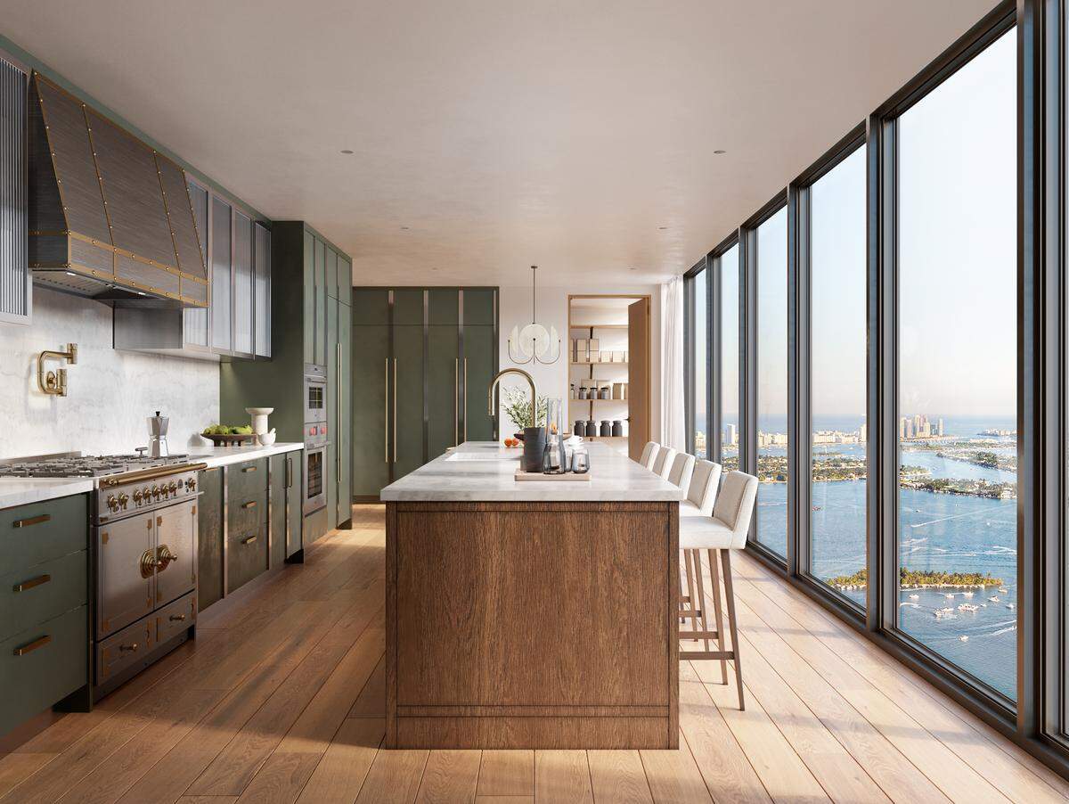 All food services will be curated by Major Food Group, including giving condo owners the option to have their refrigerator fully stocked by the restaurant management firm. Above: A rendering of a kitchen in The Villa.